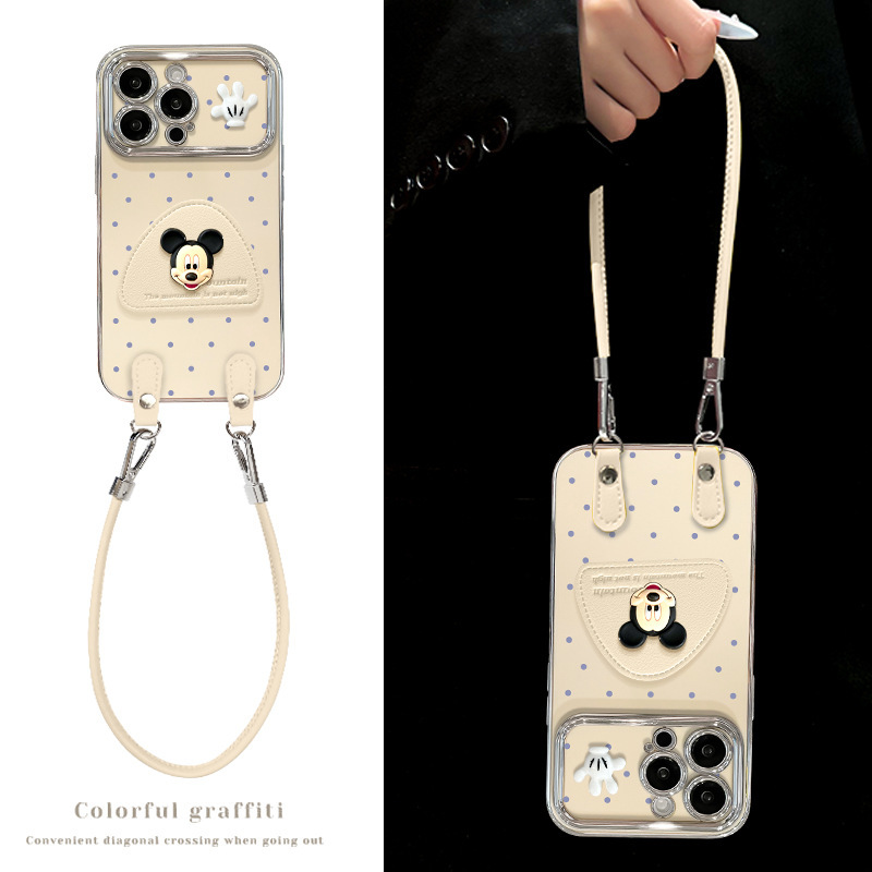 Polka Dot Stereo Mickey Stand Suitable for Apple 16 Mobile Phone Case 13 Promax Leather Buckle Lanyard 15 Cute Cartoon 14 Polka Dot Stereo Mickey Stand Suitable for Apple 16 Mobile Phone Case 13 Promax Leather Buckle Lanyard 15 Cute Cartoon 14