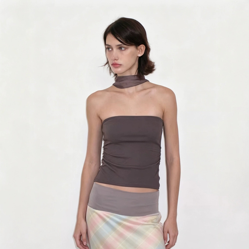 Mito De Dar Tencel Acetate Glossy Halter Neck Ribbon Knit Elastic Waist-Cinching Backless Elegant Tube Top Mito De Dar Tencel Acetate Glossy Halter Neck Ribbon Knit Elastic Waist-Cinching Backless Elegant Tube Top