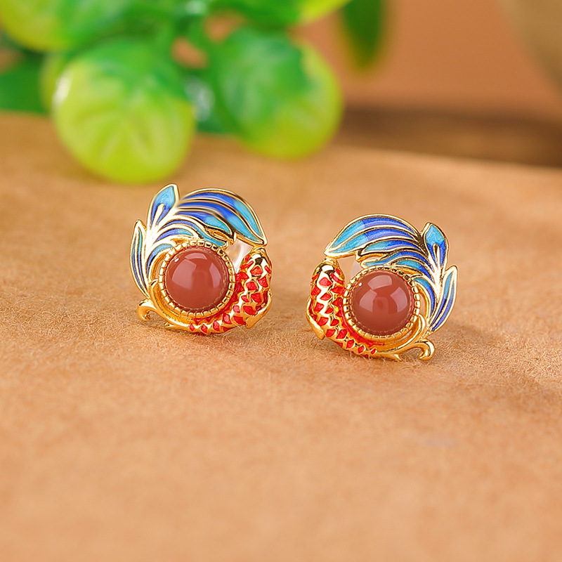 Khuyên tai nữ bạc S925 mạ vàng đính đá ngọc bích hình cá chép men retro — Mẫu đỏ nam