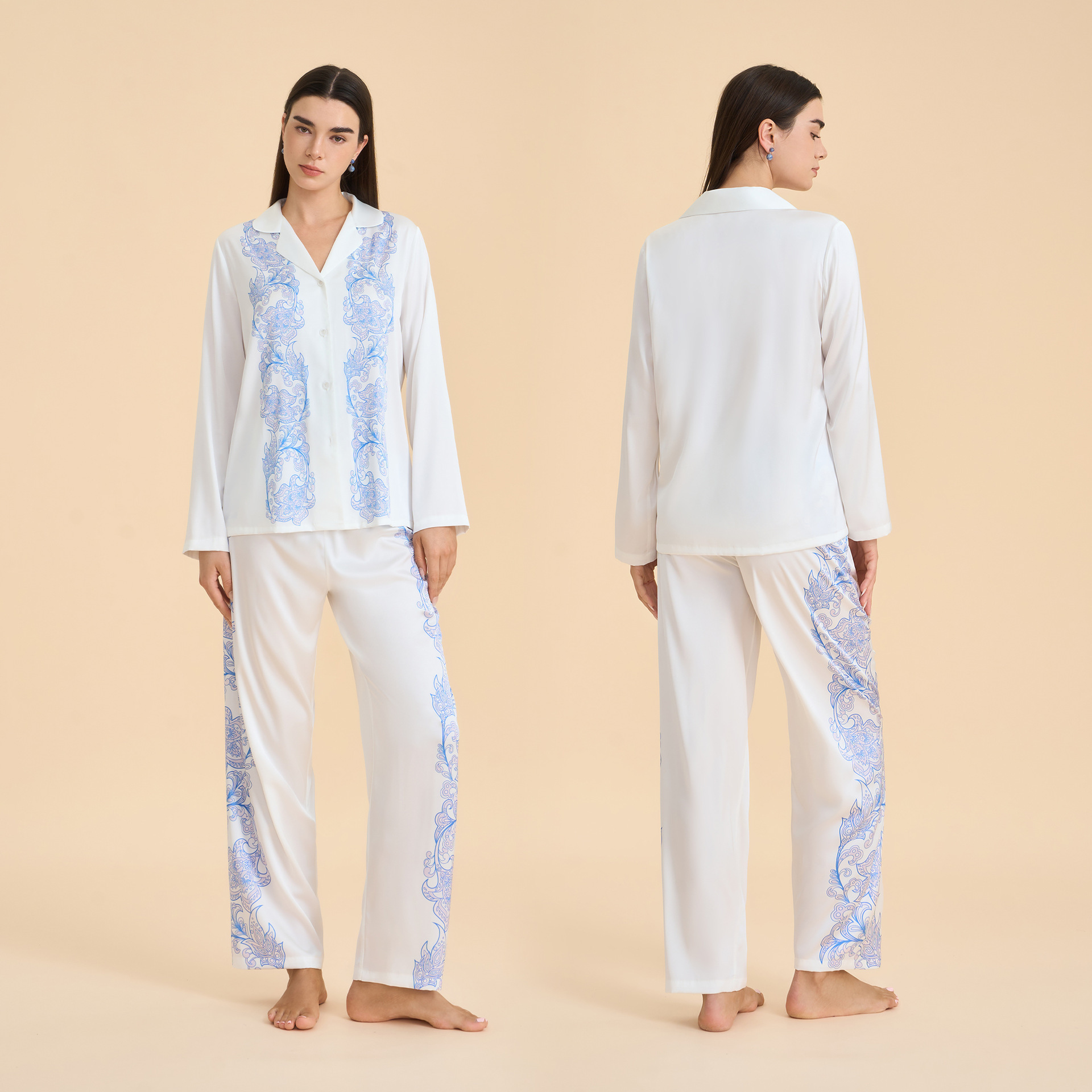 Conjunto de Pijama de Satén para Mujer TZ3999 de Chifón con Estampado y Cuello Solapa para Casa y Exterior