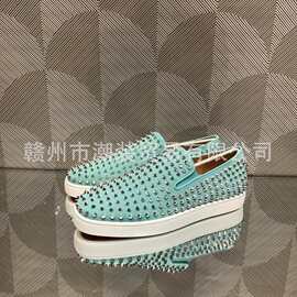 cl andgz男鞋蓝色一脚蹬铆钉低帮红底鞋女情侣大码情侣款休闲板鞋