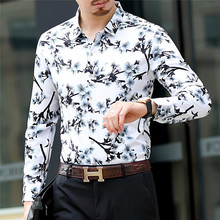 2025新款男士长袖碎花衬衫秋季水墨长袖衬衣男装翻领休闲衫