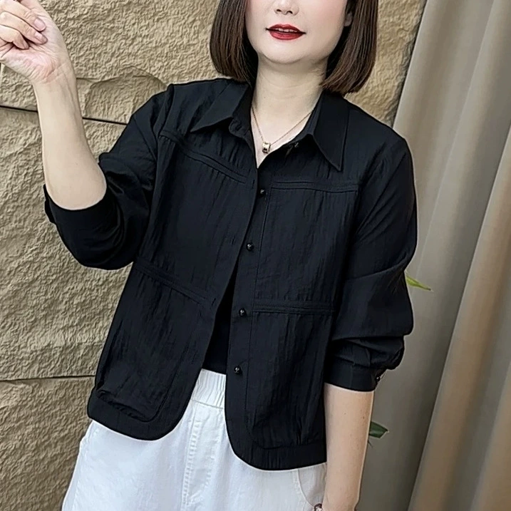 Женская рубашка с длинным рукавом, весна 2025, повседневный новый стиль, свободного кроя, стройнящая, для мам, молодежная, универсальная, уменьшающая возраст