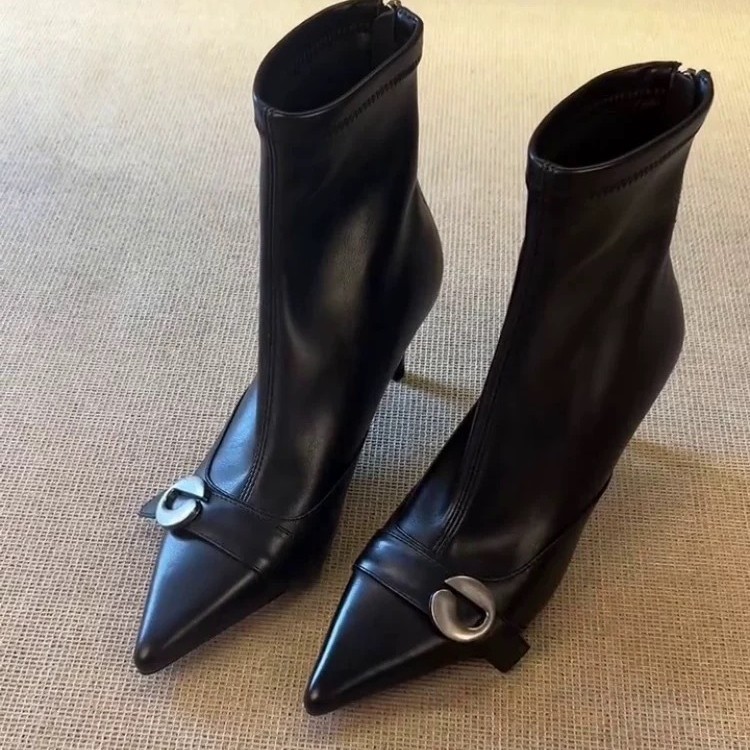 Cowhide Version ~ Stiletto Pointed Toe Short Boots for Women 2025 Autumn and Winter New Style Boots Elegant High Heel Elastic Slim Boots