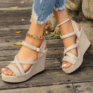2024 Summer foreign trade new platform wedge sandals women's denim cross buckle Roman sandals