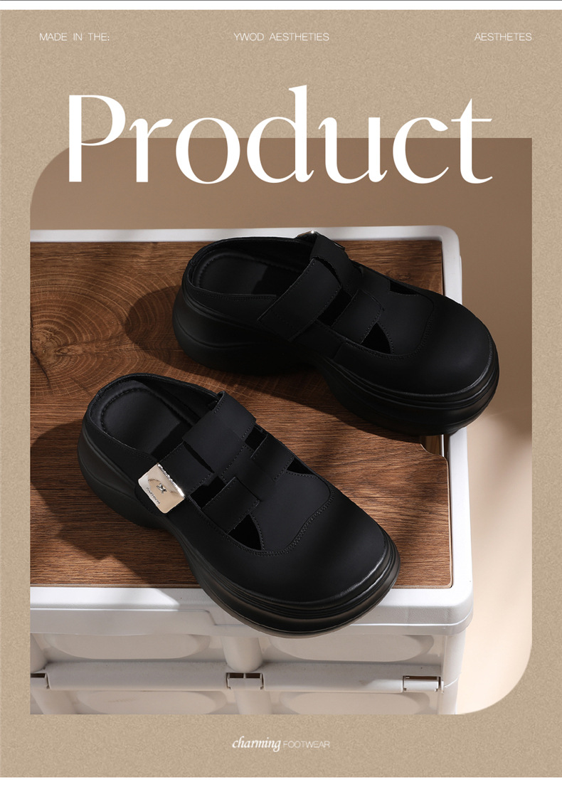 Dép sandal nữ da thật đế xuồng cao gót 7cm thoải mái đi ngoài trời mùa hè — 7183 màu be, 7183 Màu đen chi tiết 3