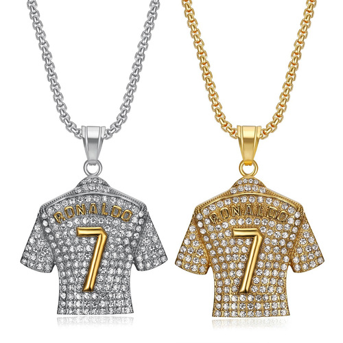 European and American style hip-hop Hiphop jewelry titanium steel gold-plated diamond-studded Cristiano Ronaldo No.7 jersey pendant necklace