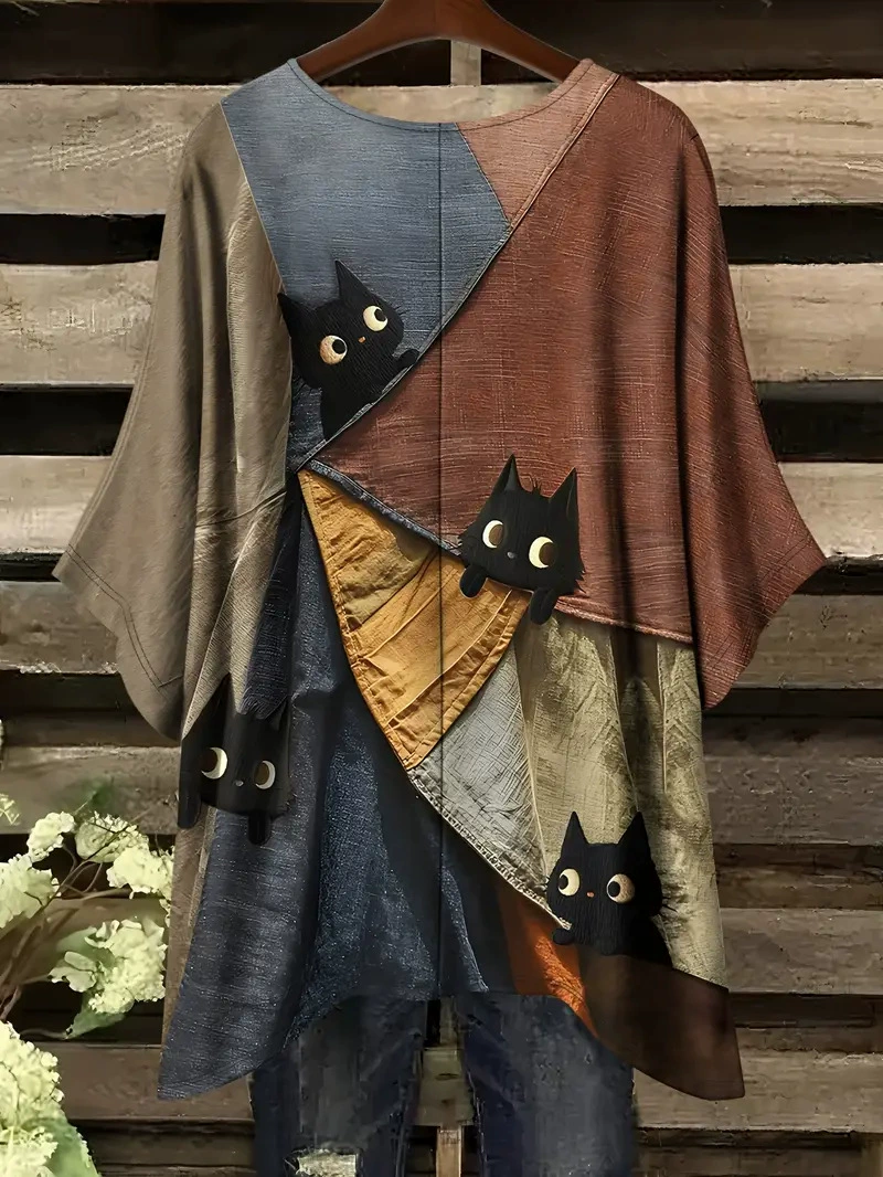 Футболка plus-size с мультяшными котами, оверсайз европейского стиля, 1XL–5XL, бежевый и цветной