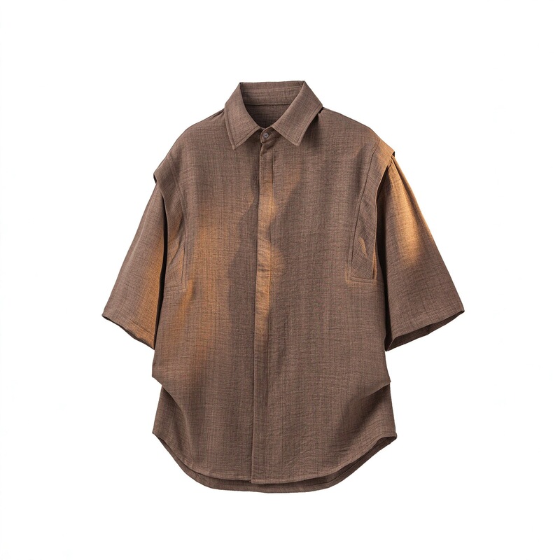 aa Old Money Style Men's Clothing, Faux Two-Piece Shirt, Summer Thin Brown Japanese Style Outfit Top