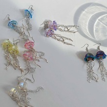 原创透明水母耳环玻璃梦幻水母耳饰S形水晶链流苏手工串珠跨境ins