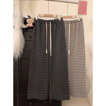 2025新款加绒加厚时尚复古格纹阔腿裤女松紧腰抽绳高腰显瘦直筒裤