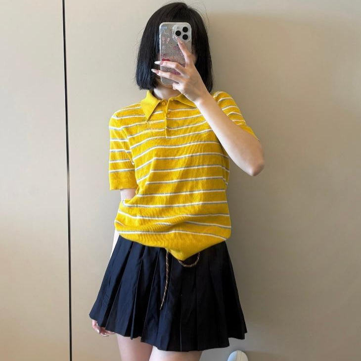 Nanyou High-End Version 26 Spring/Summer New Color-Block Striped Turn-Down Collar Knit Short-Sleeve Top for Women Nanyou High-End Version 26 Spring/Summer New Color-Block Striped Turn-Down Collar Knit Short-Sleeve Top for Women
