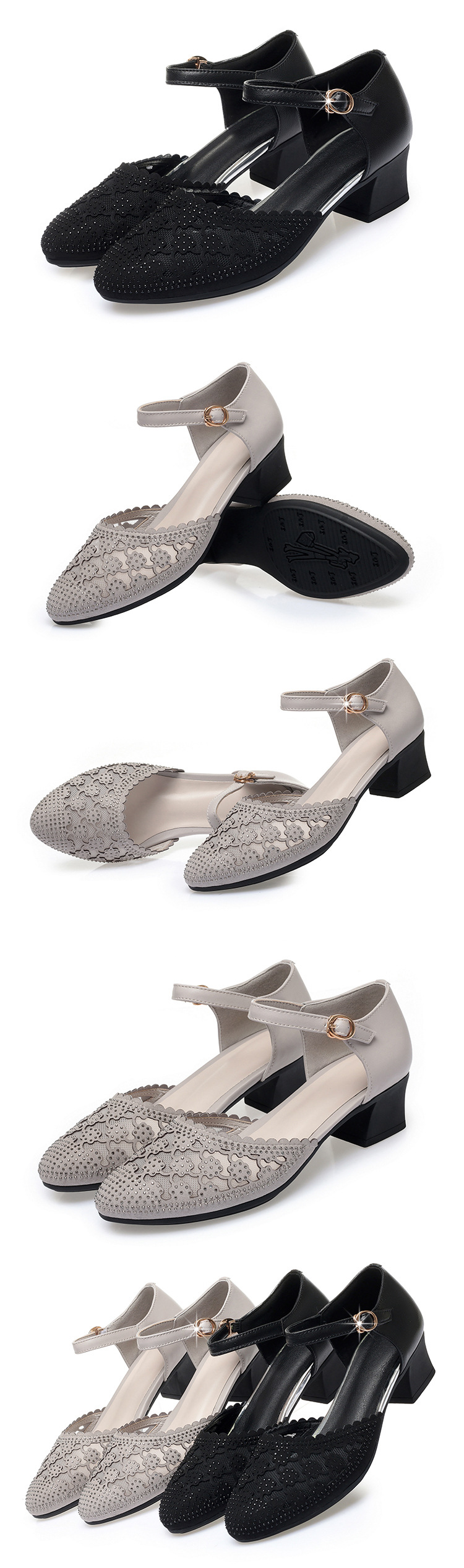 Sandal cao gót nữ quai ngang mũi nhọn đế thấp đính đá — màu đen chi tiết 6