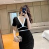 Deep V-neck， low cut， open back， slim fit， buttock wrapped skirt， base skirt， short sleeve dress