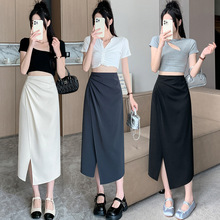 设计感开叉褶皱半身裙女秋季不规则雪纺西装裙高腰一步包臀直筒裙