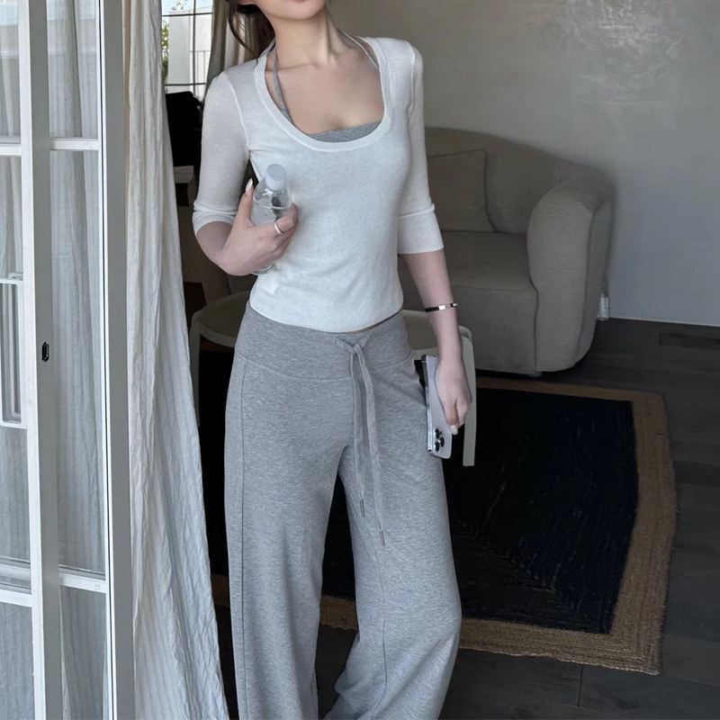 Jinyi Sporty Layering Set: Wool Blend Knit T-Shirt with Halter Neck and Straight Slim-Fit Pants Set