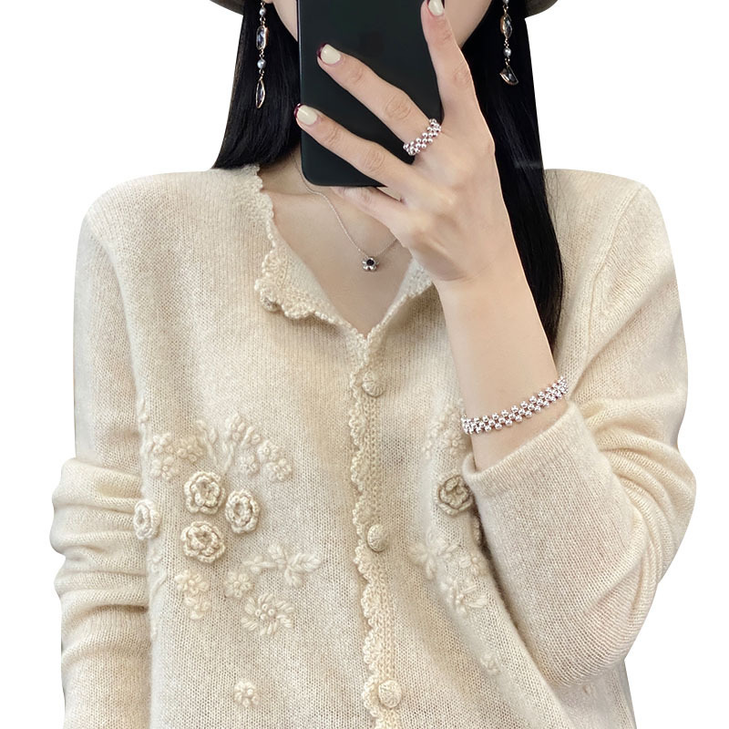 100% 純ウールカーディガン女性丸首重工鉤花セーターコートゆるい甘いカジュアルセーターニット上着|undefined