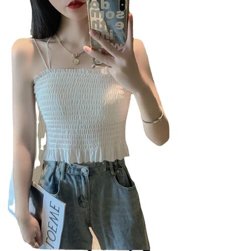 Ice silk beautiful back camisole for women with breast pads for outer wear double shoulder straps pleated mid-length solid color bottoming tube top underwear