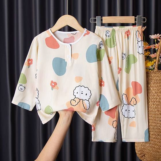 Summer Children's Cotton Silk Pajamas suit Thin Baby's Medium and Large Children's Air-conditioning Clothes Boys Cotton Silk Girls' Home Clothes