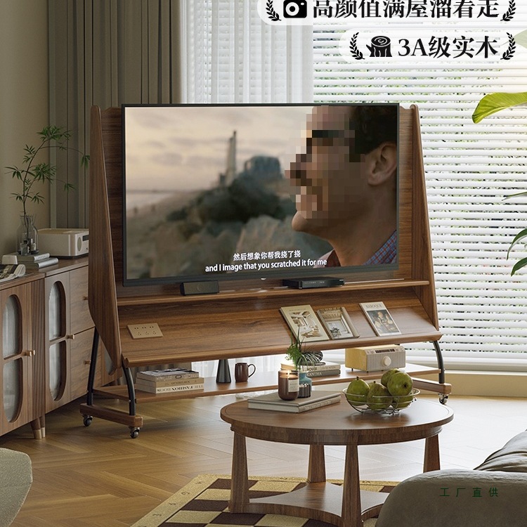 Solid Wood Movable Tv Cabinet Living Room Home Small Apartment Mid-Century Style 2025 New Wheeled Storage Tv Stand