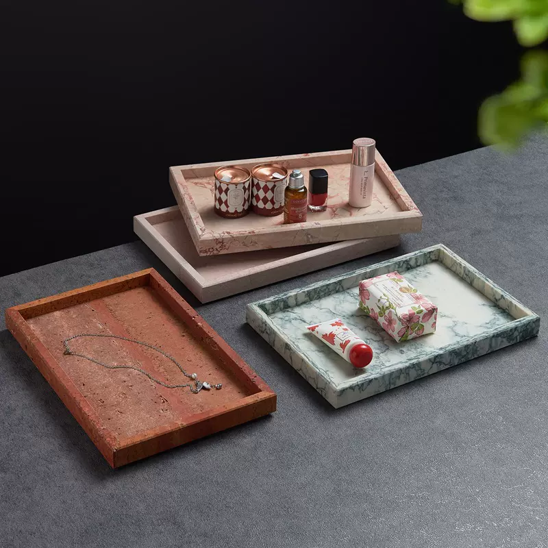 电商直播跨境外贸源头厂家大理石洞石托盘定制长方形石板饰品托盘