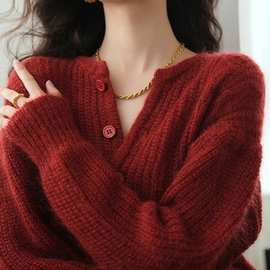 法式复古红色针织开衫女秋冬新款今年流行港风毛衣外套高级感上衣