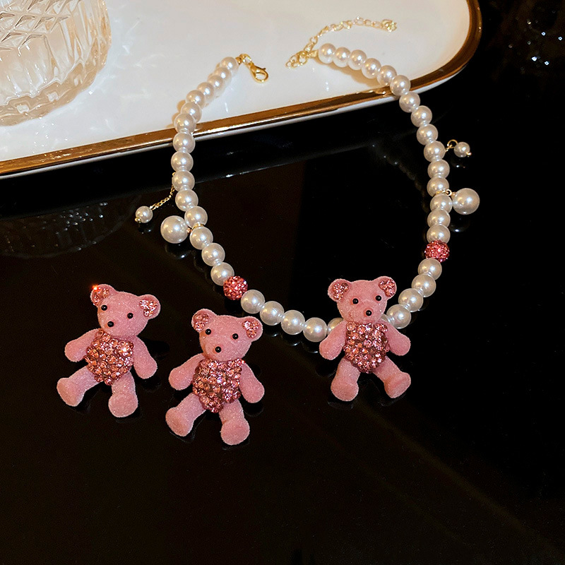 fashion inlaid rhinestone flocking bear cartoon cute pink earrings necklace