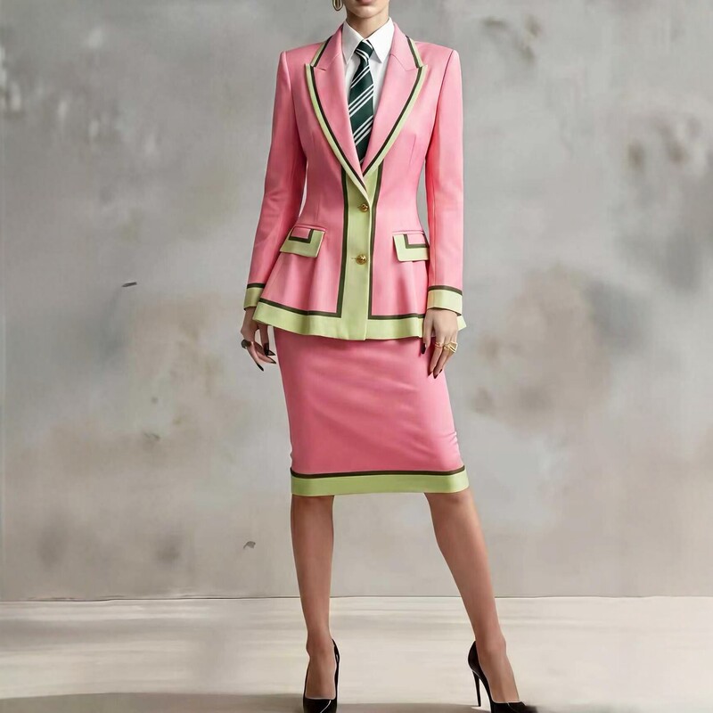 2026 European and American Women's Fashion Autumn and Winter Single-Breasted Pink Color-Blocked Waist-Cinching Suit with Slim-Fit Hip-Hugging Skirt Professional Suit Set 2026 European and American Women's Fashion Autumn and Winter Single-Breasted Pink Color-Blocked Waist-Cinching Suit with Slim-Fit Hip-Hugging Skirt Professional Suit Set