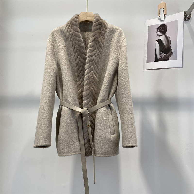 水貂皮毛毛呢大衣2025冬新品中长款双面羊绒时尚气质皮草外套女