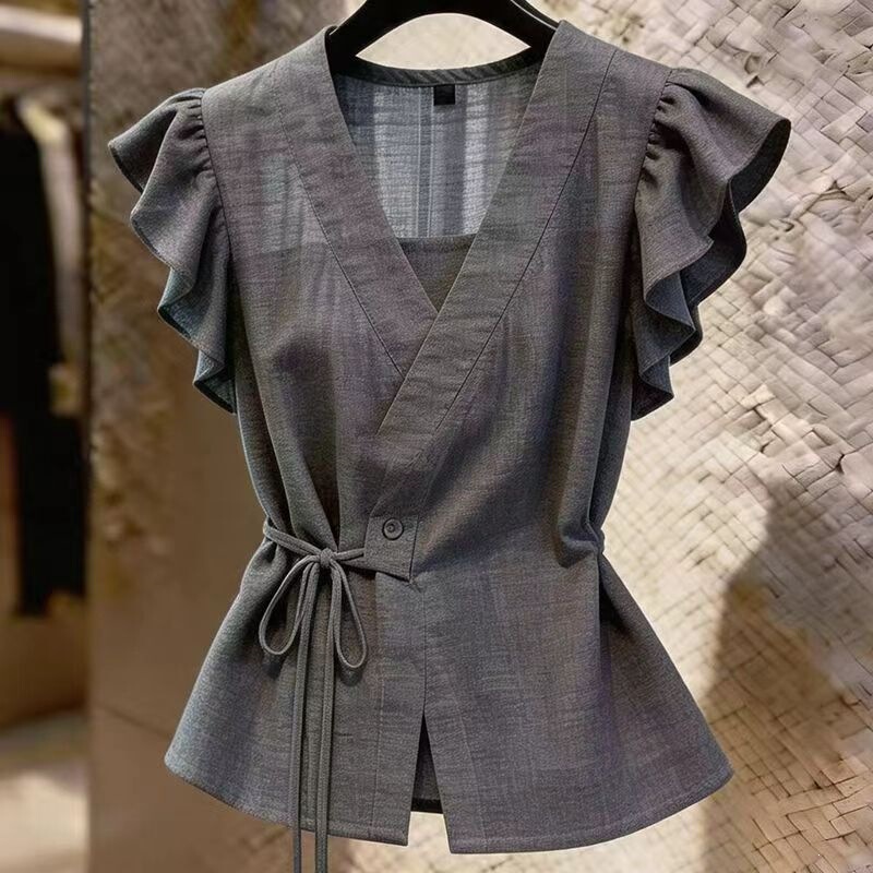 Waist-Cinching Short-Sleeved Shirt for Women, Summer Style, Fashionable, Versatile, Irregular Style, New Style, Elegant, with Straps, Slimming Waist-Cinching Short-Sleeved Shirt for Women, Summer Style, Fashionable, Versatile, Irregular Style, New Style, Elegant, with Straps, Slimming