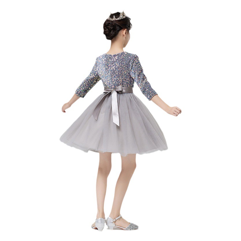 Vestidos para niños, vestidos de princesa de alta gama para niñas, vestidos de interpretación de piano gris, vestidos cortos de manga larga para niños