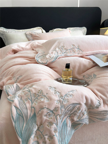 Modern style autumn and winter thickened warm brocade milk velvet high-end lily of the valley embroidery bedding bedding home textiles