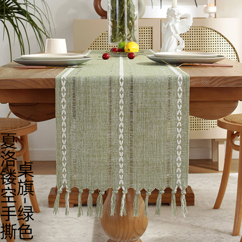Charlotte hollow hand torn table runner-green