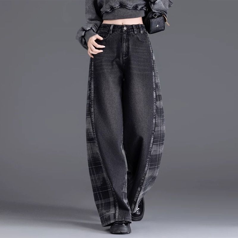 British Style Plaid Slimming Wide-Leg Pants 2026 Spring and Autumn New Women's Loose Casual Straight Jeans