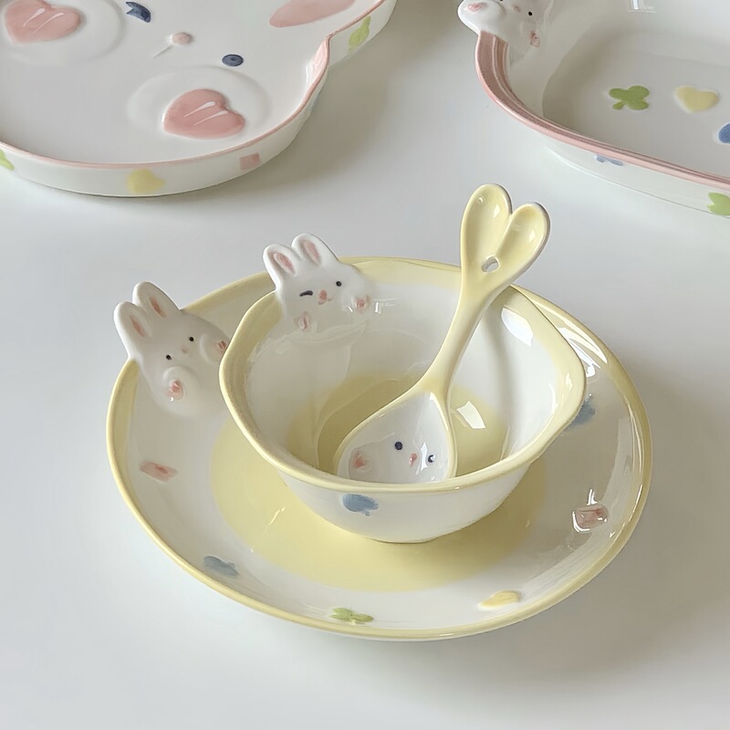 Cute Cartoon Rabbit Bowls and Plates, Household Underglaze Color High-Quality Ceramic Tableware Set 8inch Pieces for Eating