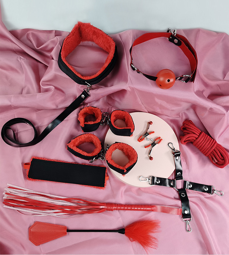 SM Bondage Ten-Piece Set, Black and Red, PU Leather and Plush, Nipple Clamps, Cuffs, Gag — detail image 25