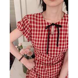【原版做法＋拉链】辣妹镂空格纹裙女夏季修身显瘦高冷御姐风连衣