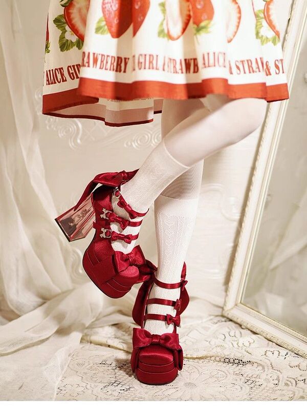 New Round-Toe Mary Jane Shoes with Sweet and Cute Dangle Bows, Satin Fabric, Transparent High Heels, and Waterproof Platform