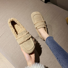 日系羊羔毛豆豆鞋女冬加绒单鞋2025新款百搭一脚蹬真皮平底毛毛鞋