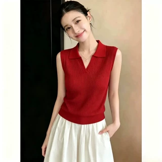 红色polo领冰丝针织无袖背心T恤女夏季休闲百搭修身遮肉显瘦上衣