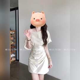 斜肩褶皱连衣裙女夏季通勤修身温柔独特气质优雅短裙图片色修身型