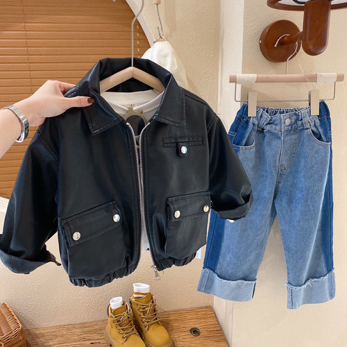 Leather jackets for boys and girls, autumn clothes for children,  new fashionable baby Korean style children's handsome and trendy