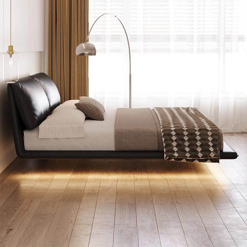 Cama flotante de cuero con orejas de elefante, cama principal minimalista italiana, cama doble blanda negra de 2*2,2 m, nuevo