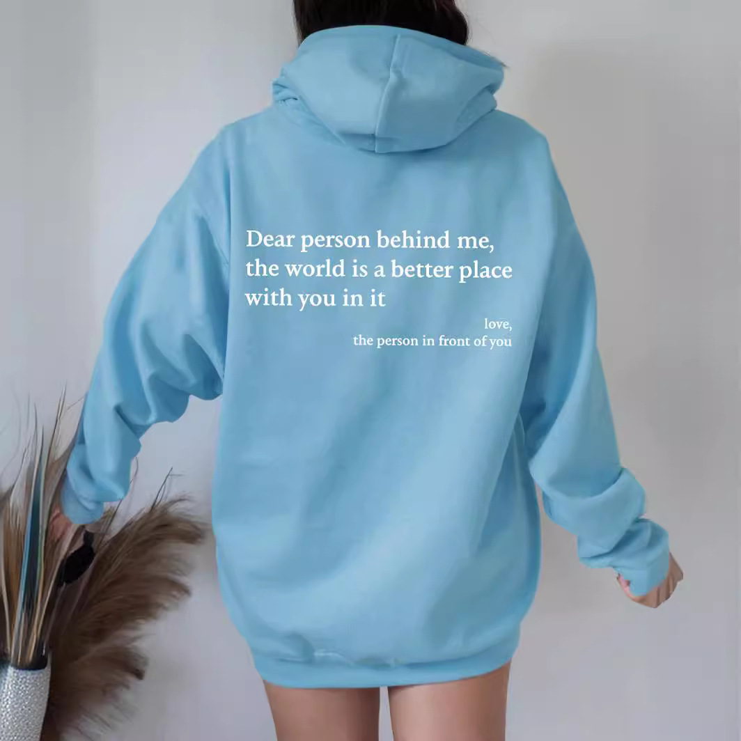 Women's fleece-lined sweatshirt with letter slogan print, kangaroo pocket, drawstring print, oversized