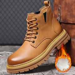 馬丁靴男款秋冬高幫鞋子男士英倫風大黃靴加絨中幫工裝靴一件代發