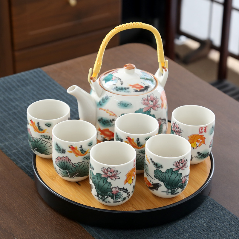 Tetera, bandeja para té, porcelana azul y blanca, tetera de kung fu con asa, juego de té para el hogar, bandeja, una tetera y seis tazas, mesa de té, ceremonia del té.
