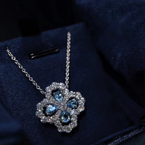 Four-leaf clover necklace light luxury niche full diamond aquamarine clavicle chain ins cold style necklace  new style for women