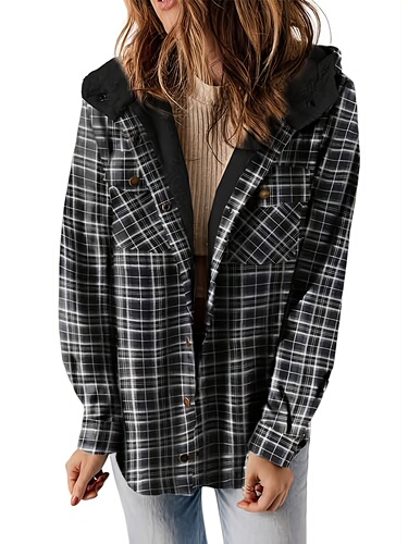 Women's Casual Plaid Hooded Jacket Cozy Flannel Retro