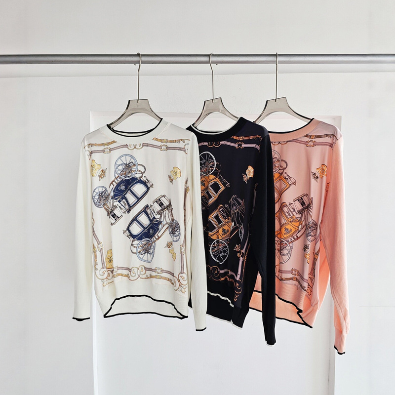 Cross-border British-style H-brand carriage print round-neck long-sleeve knit sweater for women, 2026 autumn, color-blocking, age-reducing, old money style