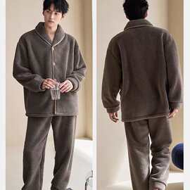 2025新款男士睡衣羊羔绒加绒加厚保暖家居服珊瑚绒青少年学生套装